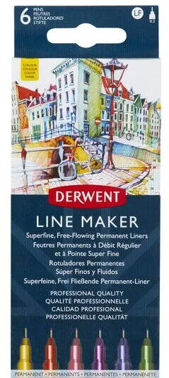 DERWENT Liner DERWENT Professional, 0.3 mm, varf subtire si uscare rapida, 6 buc/set, diverse culori