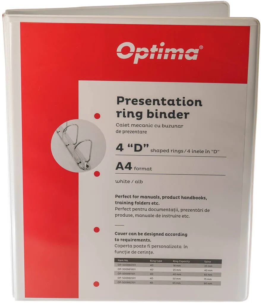 Optima - Clasic & Premium Caiet mecanic A4, cu buzunar, plastifiat PP, 4 inele - D25 mm, cotor 40mm, Optima - alb