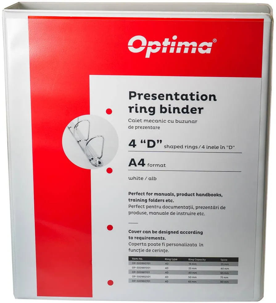 Optima - Clasic & Premium Caiet mecanic A4, cu buzunar, plastifiat PP, 4 inele - D40 mm, cotor 65mm, Optima - alb