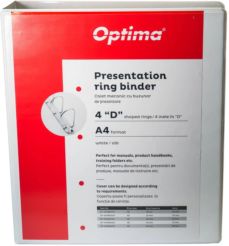 Optima - Clasic & Premium Caiet mecanic A4, cu buzunar, plastifiat PP, 4 inele - D50 mm, cotor 75mm, Optima - alb