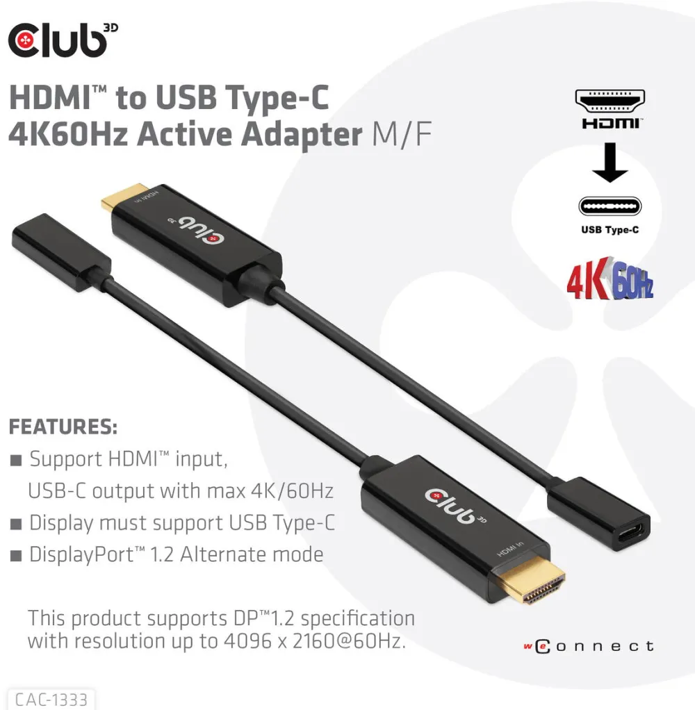 Adaptor CLUB 3D CLUB 3D CAC-1333 HDMI la USB tip C 4K60Hz M/F
