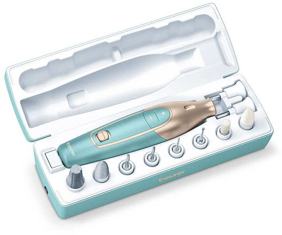 Beurer Set pila electrica manichiura-pedichiura Beurer MP84, 10 varfuri incluse, polizor din safir pentru stratul cornos, display LED, husa transport, port micro-USB, fara fir, 3 trepte de intensitate, capac de protectie impotriva prafului de unghii