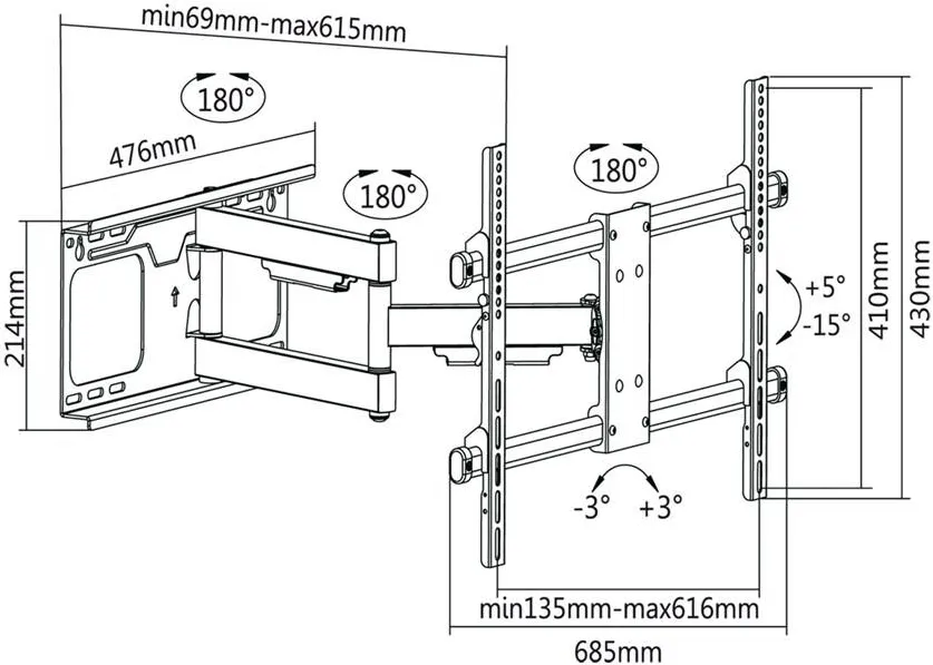 Suport TV / Monitor Cabletech TV bracket 37-70 " Black max Vesa 600x400 60kg