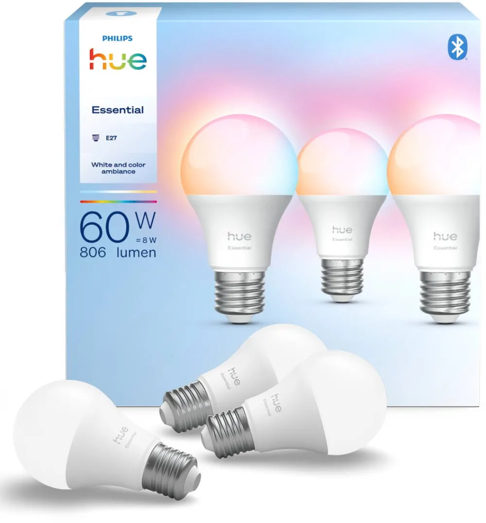 Philips Hue Pachet Philips Hue Essential 3 becuri inteligente E27, White and Color Ambiance, 2200K–6500K, Reglabile, Compatibile cu Alexa, Google Assistant, Samsung SmartThings si Apple Home