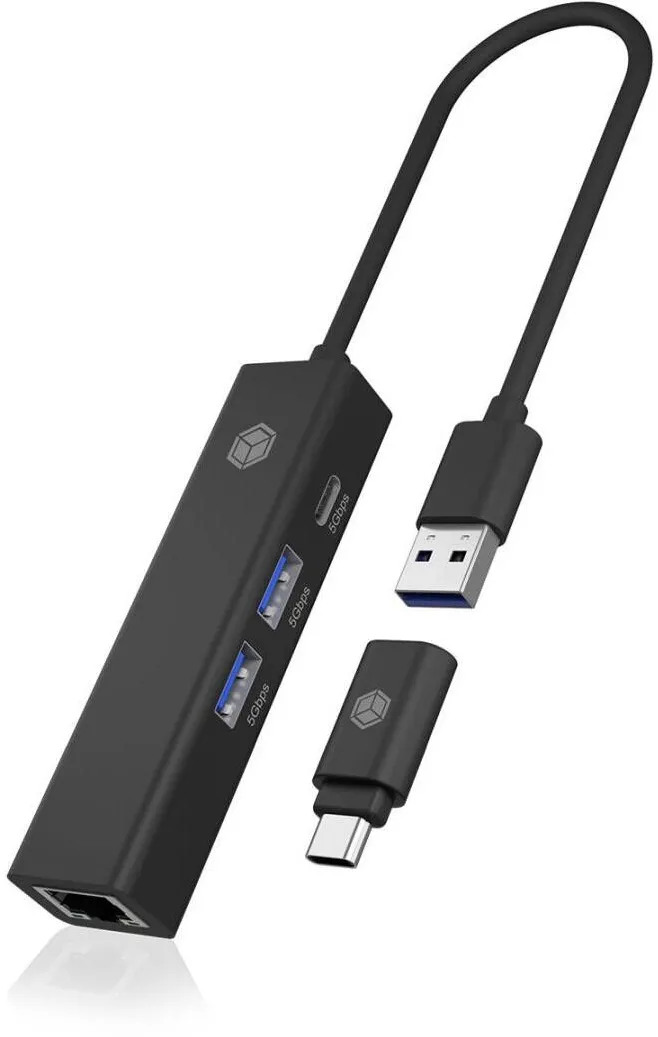 Adaptor IcyBox Hub USB Raidsonic IcyBox IB-HUB1439-LAN, 4 Porturi, Gigabit LAN, Negru