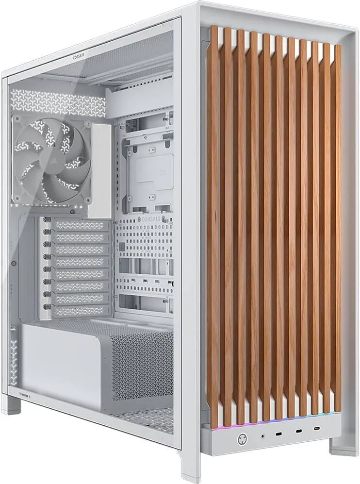 Carcasa PC Corsair Frame 5000D Wood RS, Mid Tower, Sticla securizata, 3 Ventilatoare incluse Alb/Maro