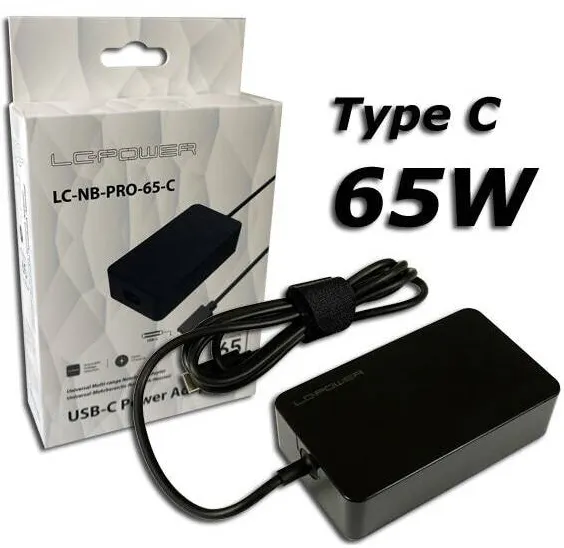 LC-Power Adaptor de alimentare notebook 65W USB-C, negru, 95x55x25mm