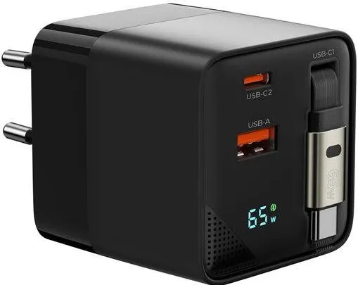 Mobile Origin Incarcator retea GaN Display Charger PW2, 65W, 3A, 1 x Cablu USB-C, 1x USB-C, 1x USB-A, Fast Charging, Negru