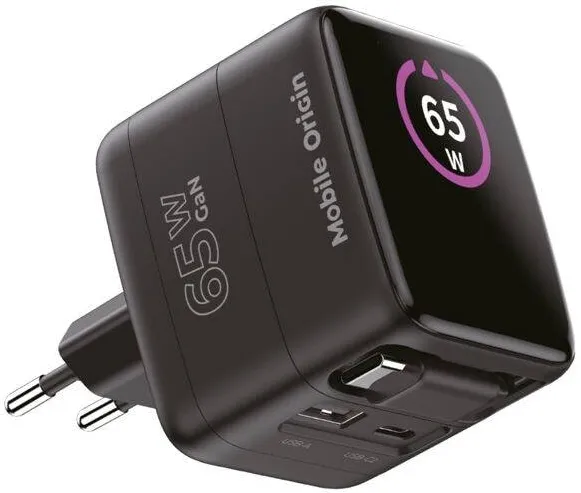 Mobile Origin Incarcator retea GaN Display Charger PW3, 65W, 3A, 2x USB-C, 1x USB-A, Fast Charging, Negru