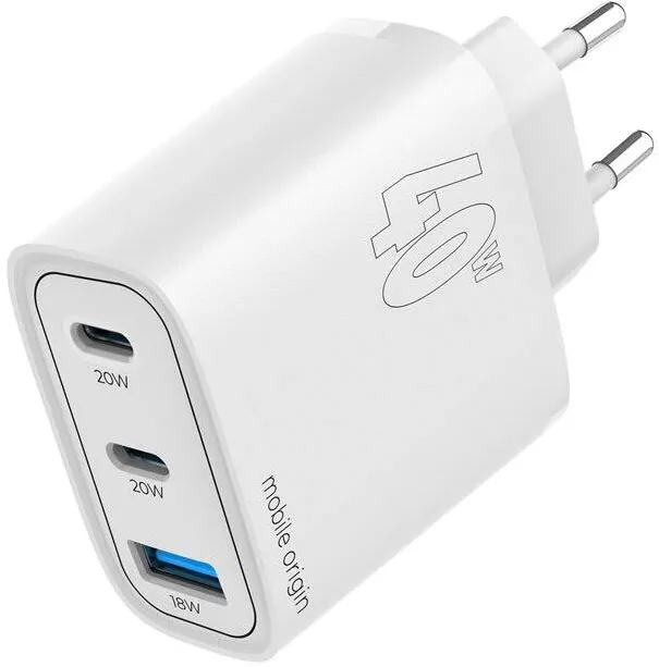 Mobile Origin Incarcator retea MO13, GaN, USB, 2x USB-C, 40W, Alb
