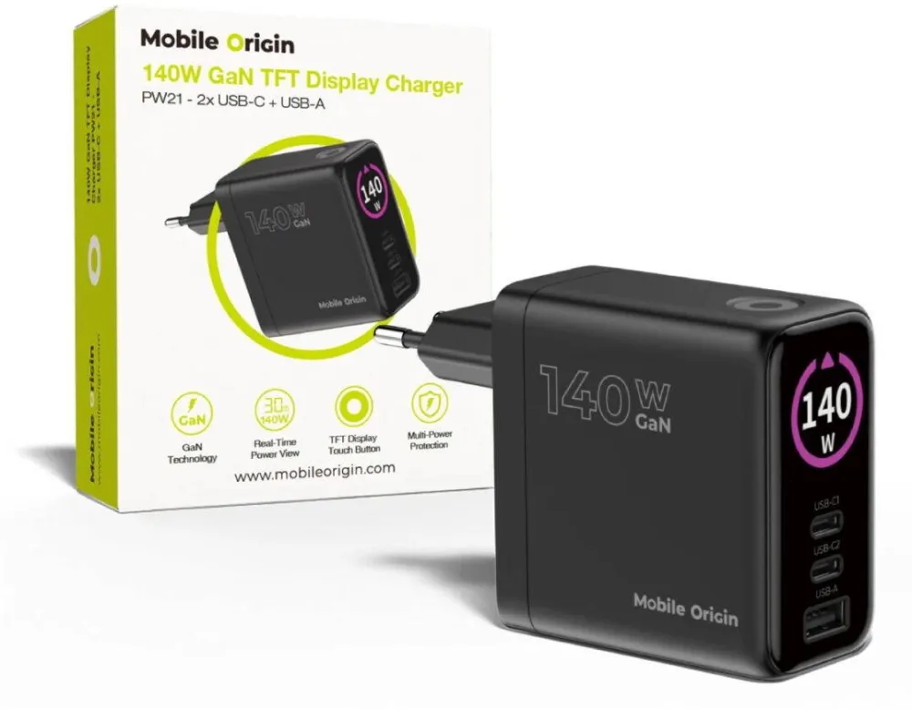 Mobile Origin Incarcator telefon 140W GaN PW21 2x USB-C+USB-A, negru, 5A, 300640