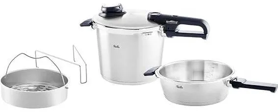 Fissler Set oale sub presiune Vitavit Premium, 4 piese (oala sub presiune 6 L – diametru 22 cm si tigaie de presiune 2, 5 L – diametru 22 cm) cu capac metalic si insertie – Fabricat in Germania, compatibil cu inductie