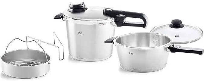 Fissler Set oale sub presiune Vitavit Premium, 5 piese (oala de 6 L – diametru 22 cm si tigaie sub presiune de 3, 5 L – diametru 22 cm), capac metalic, din sticla, insertie – compatibile cu inductie