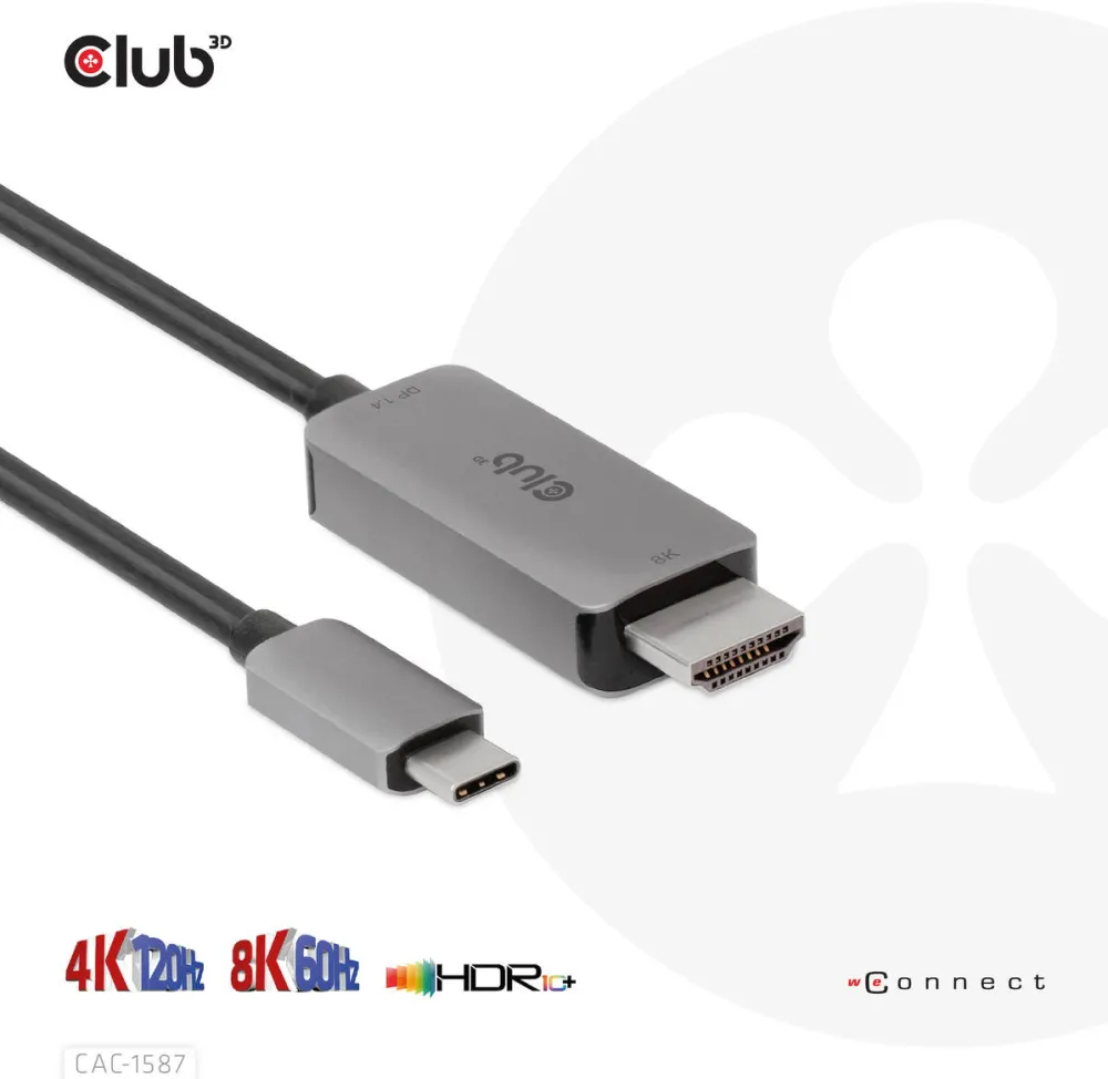 CLUB 3D Cablu USB Gen2 Type-C la HDMI 4K120Hz 8K60Hz HDR10 cu cablu activ DSC1.2 M/M 3m / 9.84ft