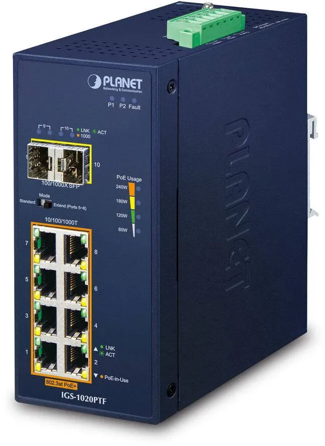 Switch Planet Industrial 8-Port GE 802.3at PoE + 2 100/1000X SFP