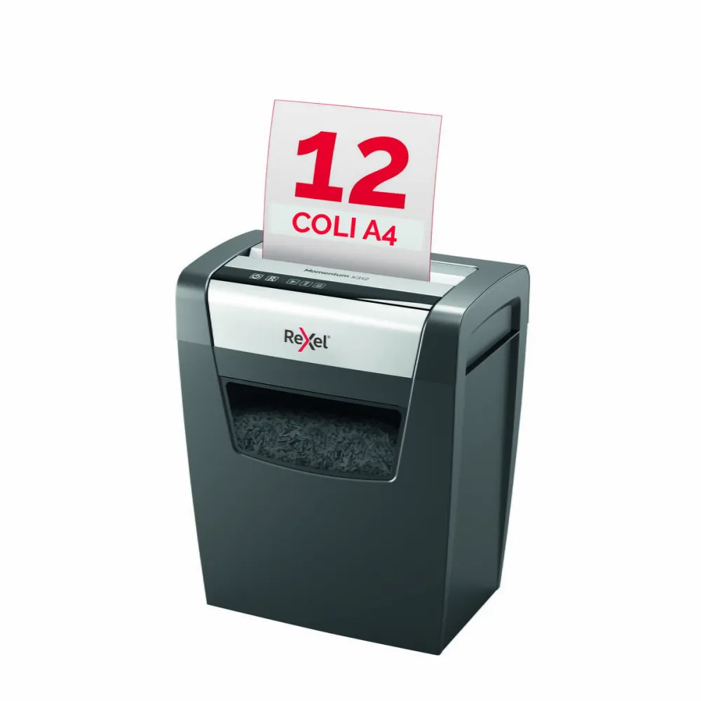 Rexel Distrugator documente manual REXEL MOMENTUM X312, P3, cross-cut (confeti), 12 coli, cos 23l, negru