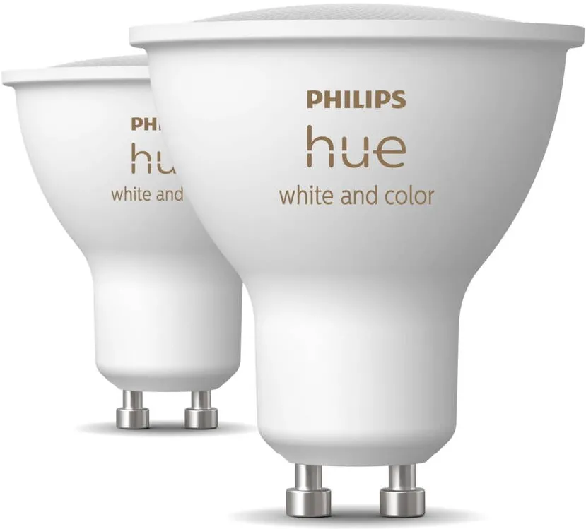Philips Pachet 2 becuri LED RGBW inteligente Philips Hue, Bluetooth, Zigbee, GU10, 4.2W, 400 lm, lumina ambianta alba si color, Clasa energetica E