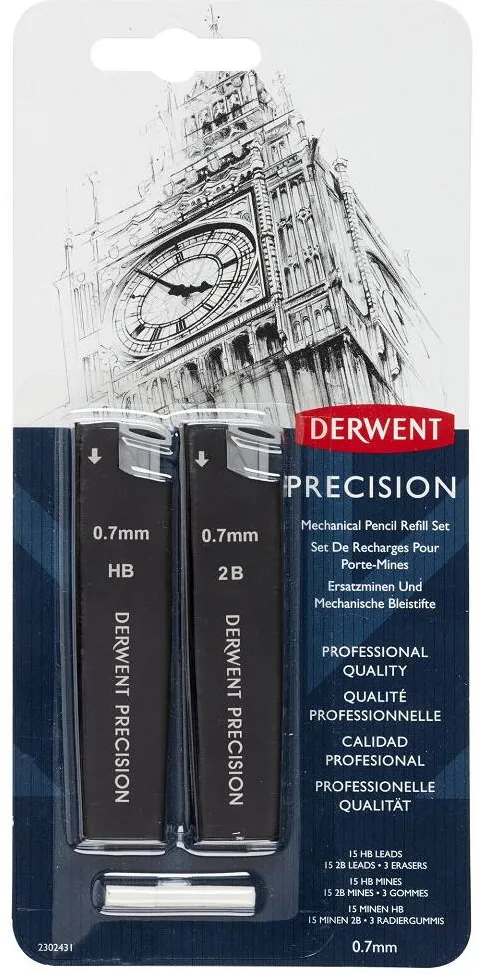 DERWENT Rezerva mine si radiere DERWENT Professional, pentru creion mecanic, HB/2B 0.7 mm, 30 buc/set, negru