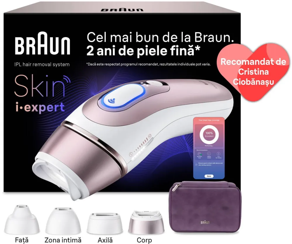 BRAUN Epilator IPL Braun Skin iExpert PRO 7 PL7431 Tehnologie Skin iExpert, Feedback in timp real, 400.000 impulsuri, 10 niveluri de intensitate, 125 de impulsuri pe minut , 4 Capete Inteligente, Trusa de voiaj, Roz