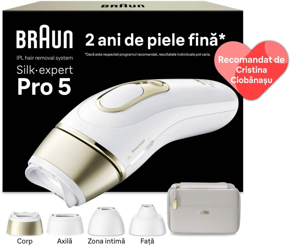 BRAUN Epilator IPL Braun Silk-expert PRO 5 Pl5412 Senzor automat & continuu Skin pro 2.0, 400.000 impulsuri, 10 niveluri de intensitate, 125 de impulsuri pe minut, 4 Capete de epilat, Trusa de voiaj, Aparat de ras Venus, Alb/Auriu