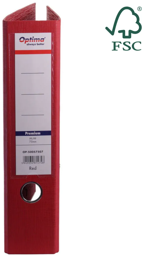 Optima - Clasic & Premium Biblioraft A4, plastifiat PP/PP, margine metalica, 75 mm, Optima Premium - rosu