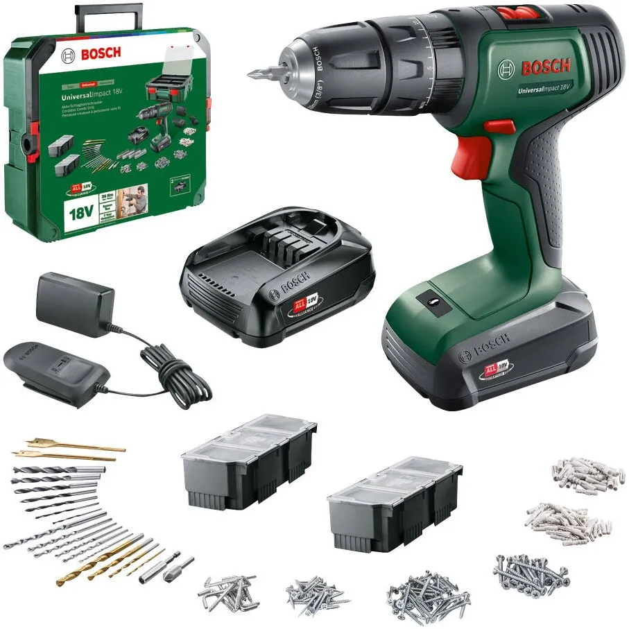 BOSCH Masina de gaurit si insurubat (bormasina) cu percutie pe acumulator Bosch UniversalImpact, 18 V , 34Nm, 2 trepte de putere, 1450 RPM, 2 acumulatori 1,5Ah si 2Ah, incarcator, accesorii (241 piese), valiza