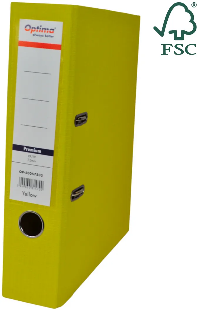 Optima - Clasic & Premium Biblioraft A4, plastifiat PP/PP, margine metalica, 75 mm, Optima Premium - galben