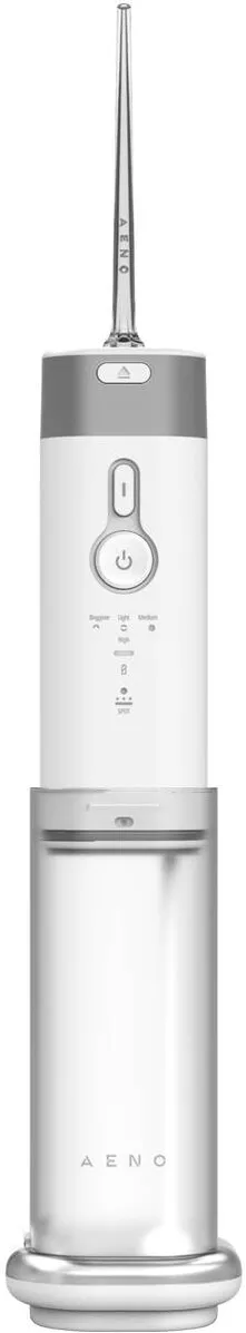 AENO Irigator bucal ADI0002, 5 moduri de curatare, Portabil, Presiune 140 PSI, Functie memorie, 100 zile autonomie, Rezervor 200 ml, Baterie 2500 mAh, 3 duze incluse, indicator LED, Alb