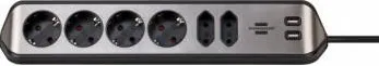Brennenstuhl "brennenstuhl®estilo" Multi Socket, 4+2-way, 2x USB, 2m, silver/black