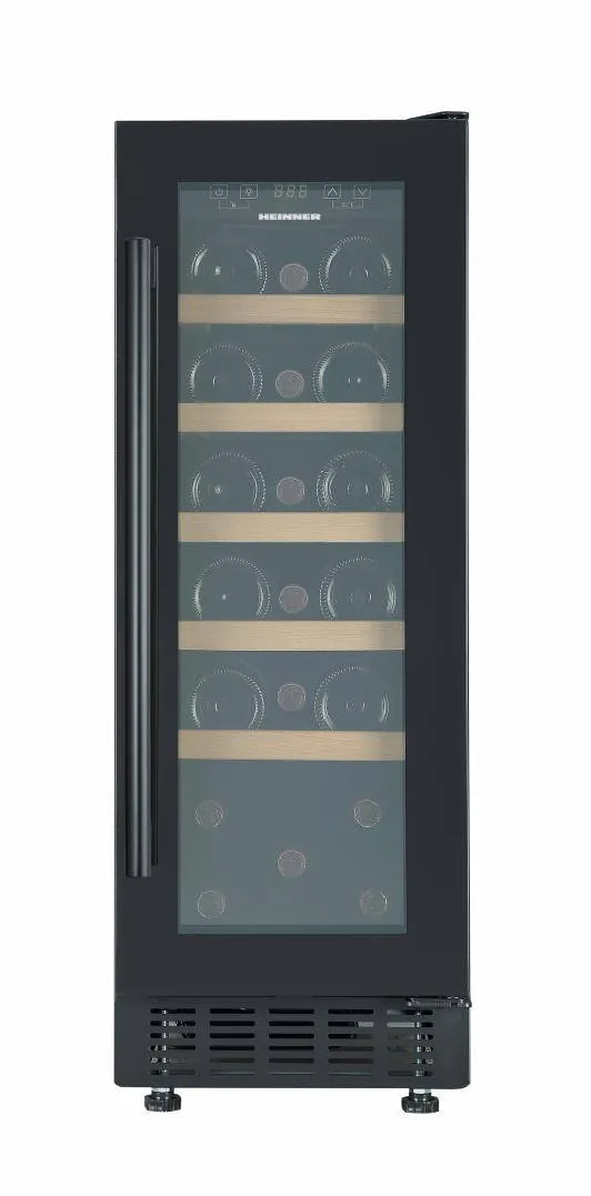 Racitor de vinuri HEINNER HRV-ABI56DRL20, 56 l, Clasa G, 20 sticle (750 ml), Display LED, Control electronic, Lumina LED, 5 rafuri lemn, Usa reversibila, H 82 cm, Negru