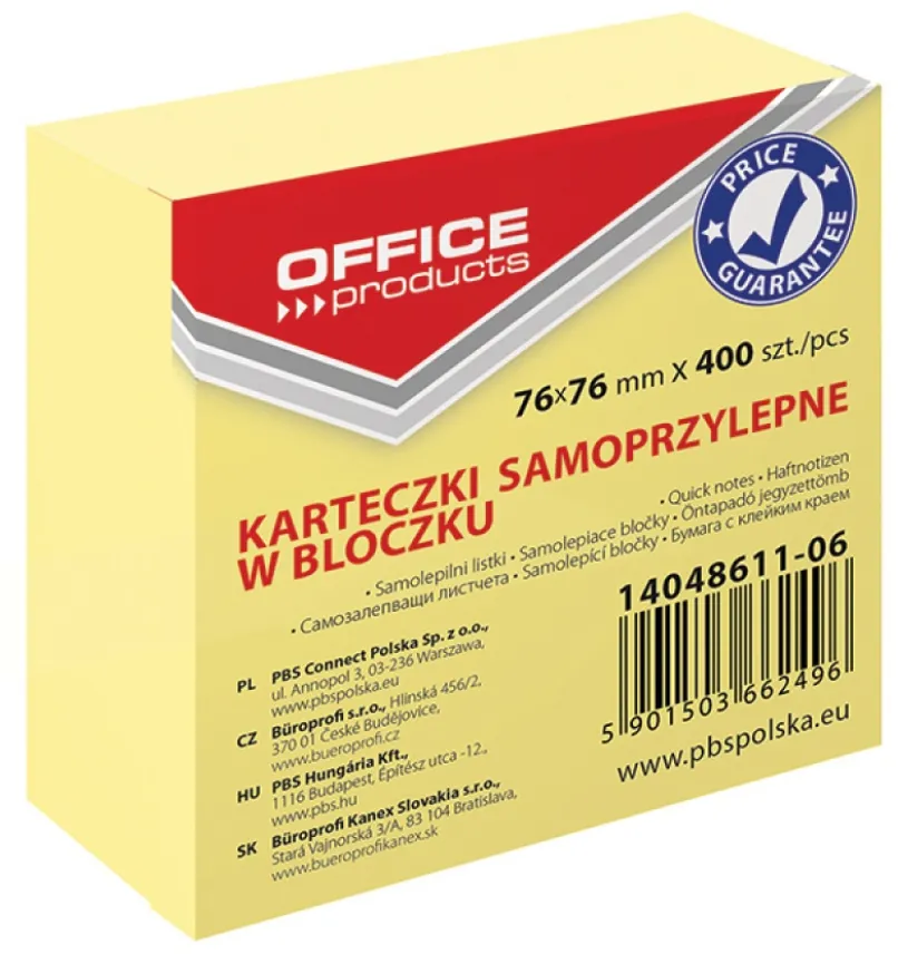 Office Products Cub notes autoadeziv 76 x 76 mm, 400buc/set, Office Products - galben pastel