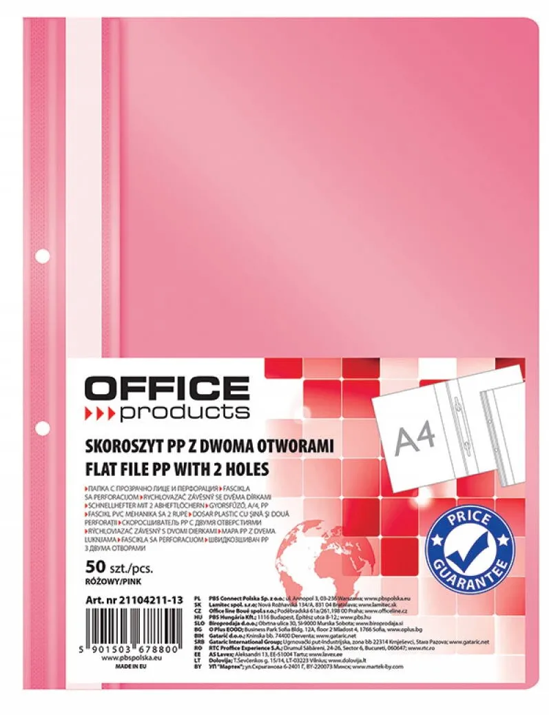 Office Products Dosar plastic PP cu sina, cu gauri, grosime 100/170microni, 50 buc/set, Office Products - roz