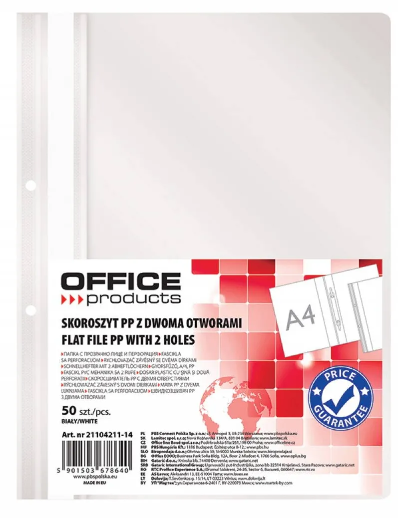 Office Products Dosar plastic PP cu sina, cu gauri, grosime 100/170microni, 50 buc/set, Office Products - alb