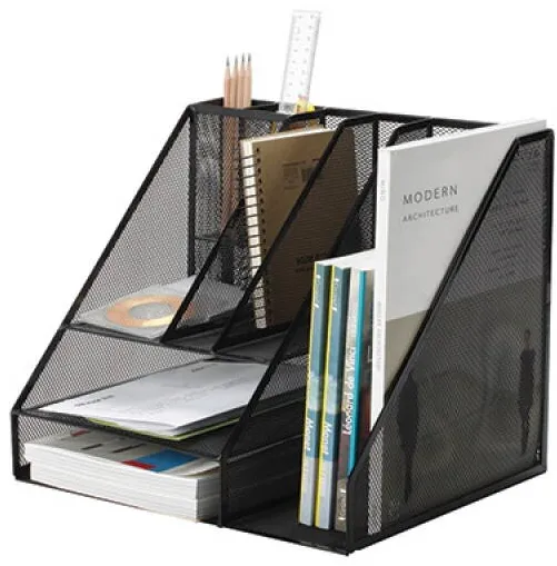 Q-CONNECT Organizer metalic Mesh, de birou, tavite+suporti de reviste, 7 compartimente, Q-Connect - negru