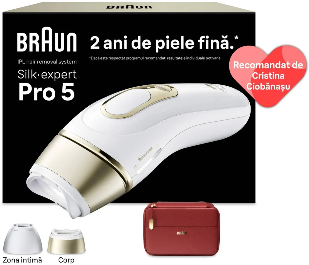 BRAUN Epilator IPL Braun Silk-expert PRO 5 PL5221 Senzor automat & continuu Skin pro 2.0, 400.000 impulsuri, 10 niveluri de intensitate, 125 de impulsuri pe minut, 2 Capete de epilat, Trusa de voiaj, Aparat de ras Venus, Alb/Auriu