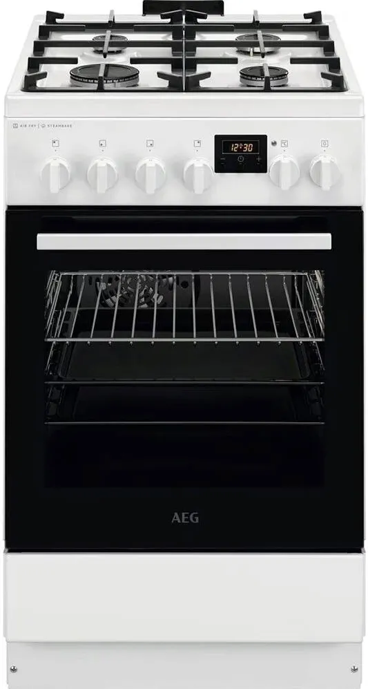 AEG Aragaz AEG CKB56490BW, Mixt, 4 arzatoare, Siguranta plita, Aprindere integrata, Gratare fonta, Cuptor electric, SteamBake, AirFry, Timer, Grill electric, Clasa A, 50 cm, Alb