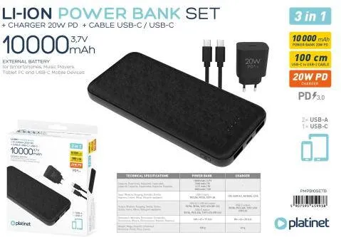 PLATINET PLATINET POWER BANK SET 10000 MAH + 20W PD CHARGER + 1M CABLE BLACK [45993]