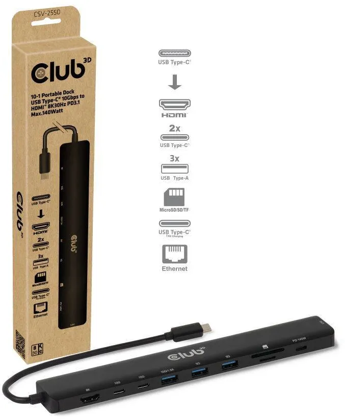 Hub USB CLUB 3D Statie de andocare Club3D 10-1, USB Type-C, 3xUSB-A, 1xHDMI, 140W, 8K30Hz