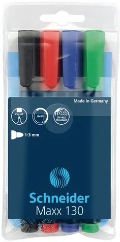 Schneider Permanent marker Schneider Maxx 130, varf rotund 1-3mm, 4 culori/set - (N, R, A, V)