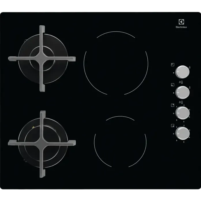 Plita ELECTROLUX incorporabila EGE6172NOK, Mixta, 2 zone gaz, 2 zone vitroceramica, Aprindere electrica, 60 cm, Negru
