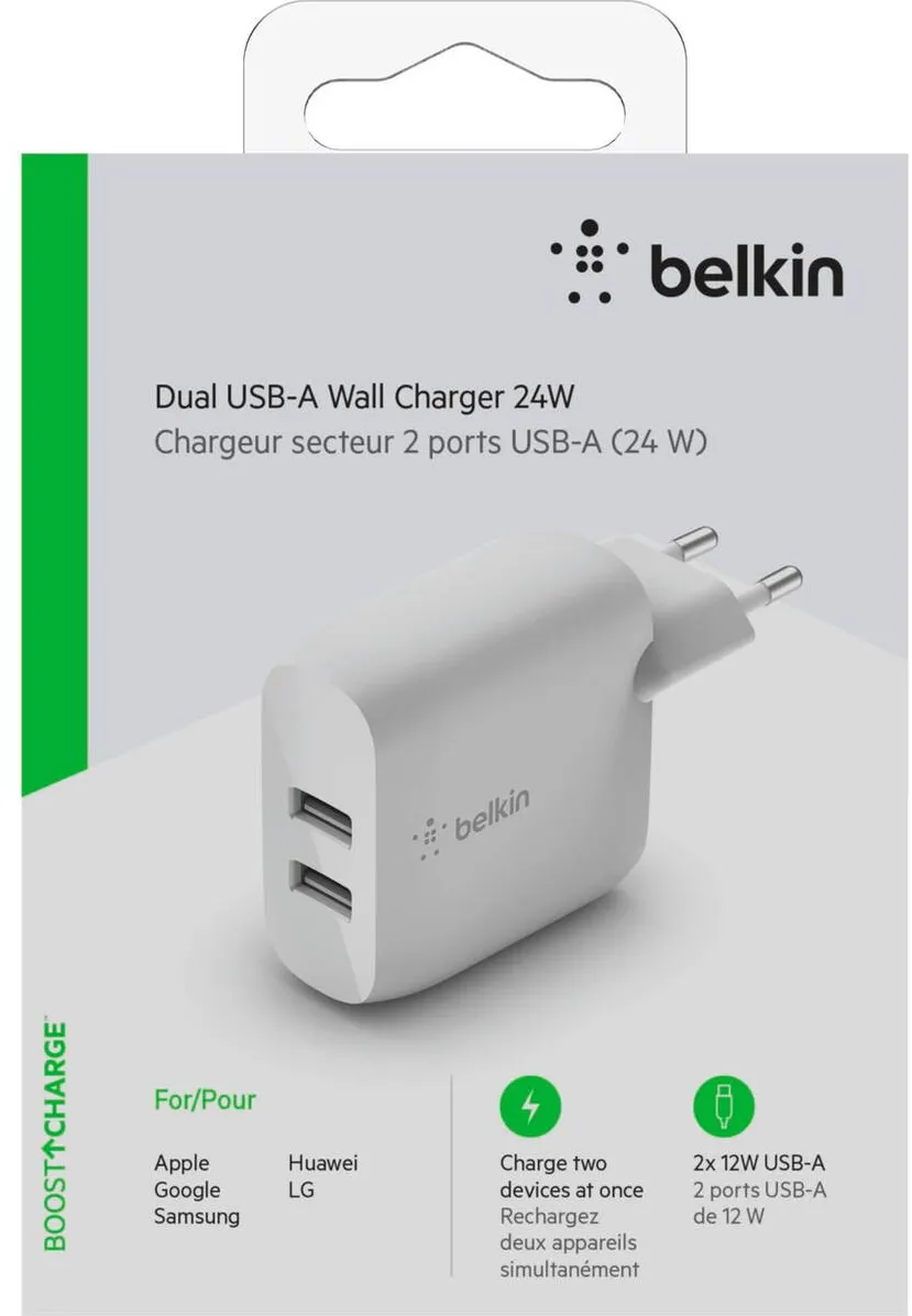 BELKIN Dual USB-A incarcator, 24W white WCB002vfWH