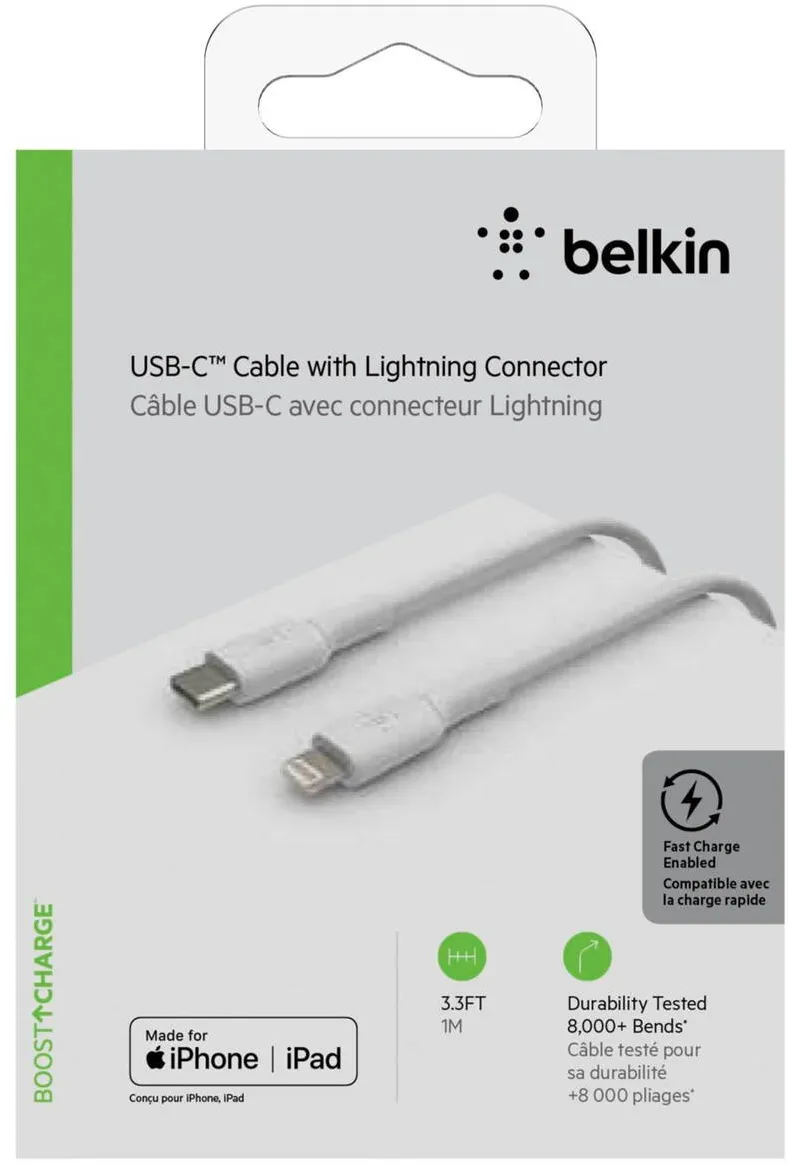BELKIN Cablu Date Lightning/USB-C Cable 1m PVC, mfi certified, white