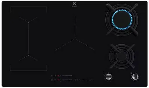 Plita ELECTROLUX incorporabila KDI951723K, Mixta, 2 arzatoare gaz / 3 zone inductie, Aprindere electrica, Gratare fonta, Timer, 90 cm, Negru