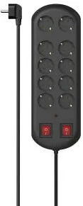 HAMA Power Strip, 10-Way, Overvoltage Protection, Two Switches, 2 m, black