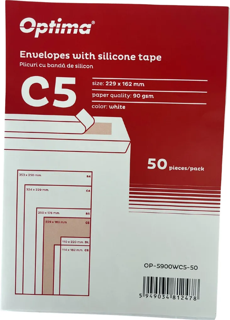 Plicuri Optima Plic C5 (229x162mm), lipire siliconica, 50 buc/set, Optima - alb
