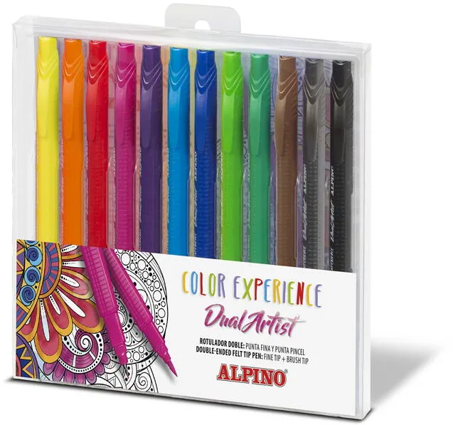 Alpino Carioca cu 2 capete, varf liner 0.7mm/tip pensula, 12 culori/set, ALPINO Color Experience