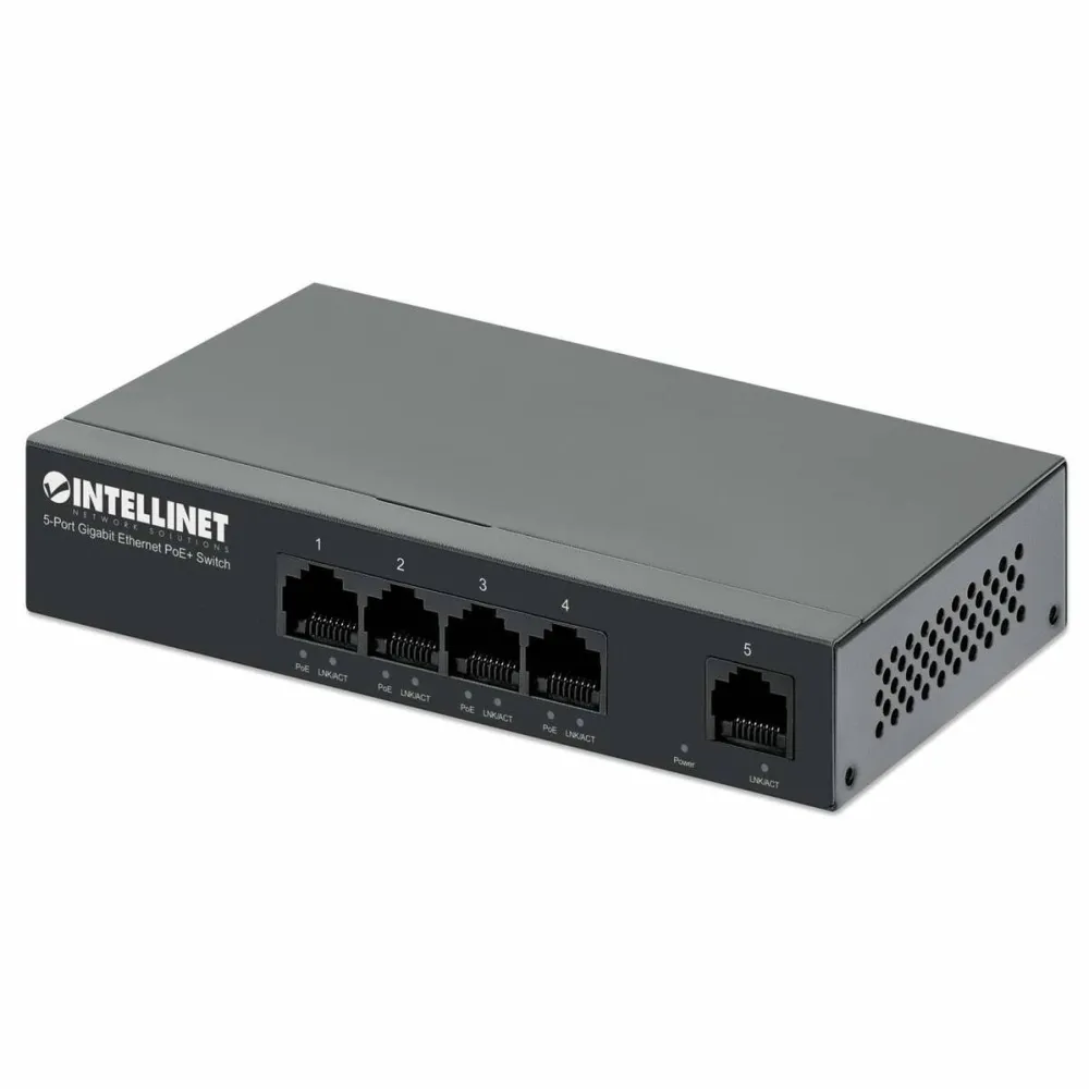 Switch Intellinet fara management, Intellinet, 5 porturi Gigabit Ethernet, suport PoE, negru, 140x77x27mm
