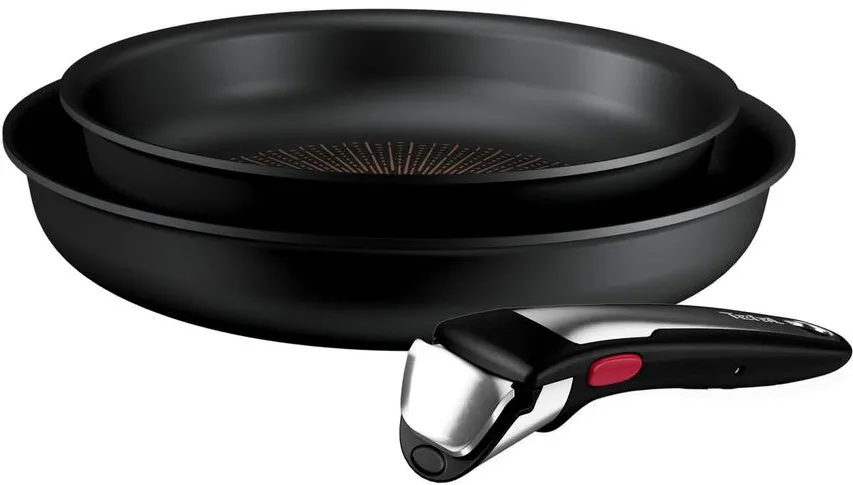 TEFAL Set 3 piese Tefal Ingenio Excellence+, tigai de 22/26 cm, 1 maner detasabil, inductie, invelis antiaderent, indicator Thermo-Signal, tehnologie FUSION CORE, aluminiu, negru