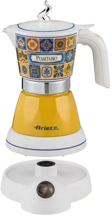 Ariete Ariete Moka Vintage Positano 1358/1P Aparat electric de cafea, 400 W, 4 cesti, utilizare fara cablu, baza rotativa la 360 de grade, alb/galben