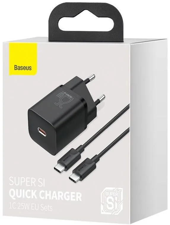 incarcator rapid Baseus Super Si Quick Charge 3.0 Power Delivery 25W 3A + Cablu USB Tip C - USB Tip C 3A 1m negru (TZCCSUP-L01)